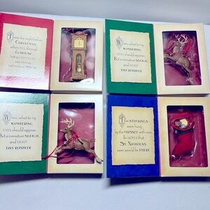 4 Hallmark ornaments. NIGHT BEFORE CHRISTMAS. REINDEER. CLOCK. STOCKING.